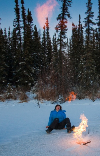 Katey Walter Anthony reacts to a particularly explosive methane plume.