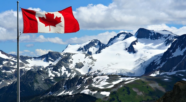 Canadian flag, snowy mountains. A\J AlternativesJournal.ca