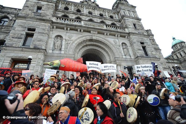 The "Defend our Coast" Action in Victoria, BC, protesting the presence of pipelines and tankers on the BC coast. Photo from Greenpeace / Kerri Coles.