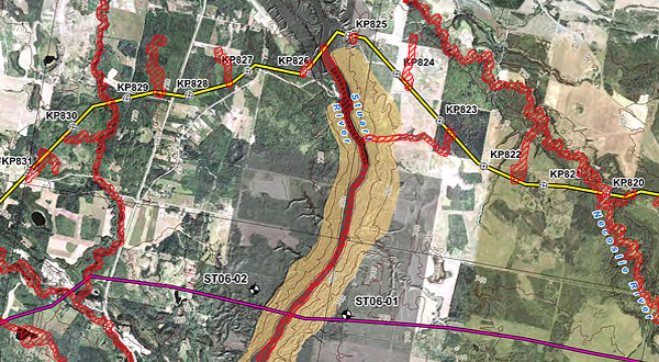 Map of Pipeline Route across Stuart River