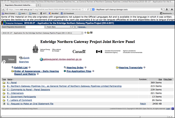 Screenshot of the online public record archive of the National Energy Board of Canada