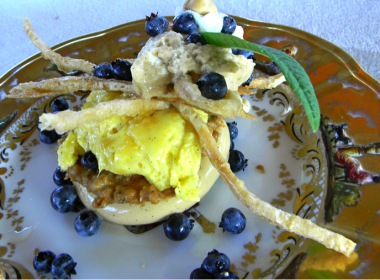 Hazelnut and blueberry dessert served at Camp Home by Michael Stadtländer.