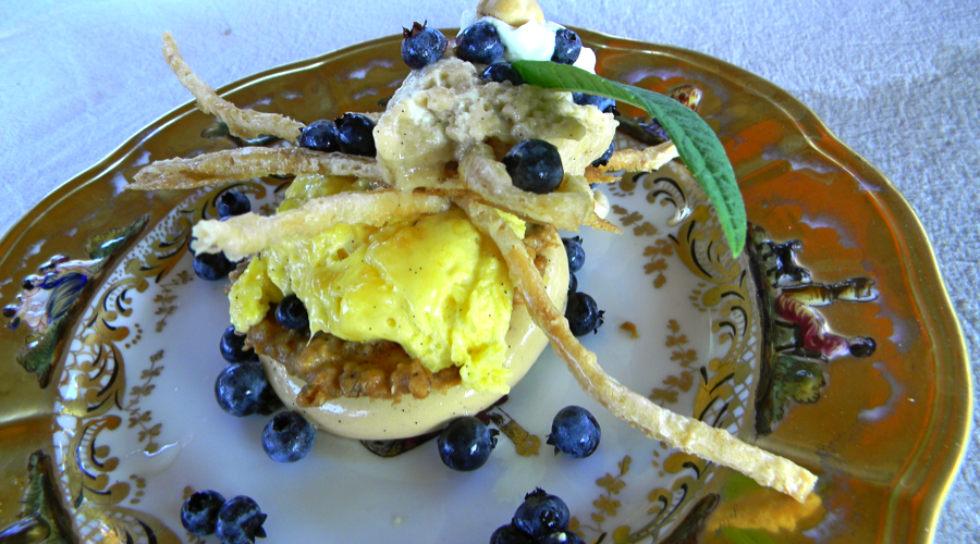 Hazelnut and blueberry dessert served at Camp Home by Michael Stadtländer.