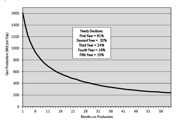 Figure 6. Typical decline rate for Barnett shale gas wells.  