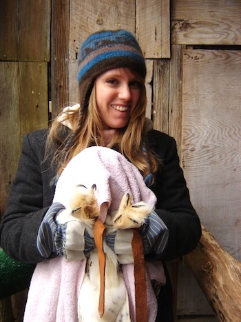 Ellen Jakubowski holding Quncy the snowy owl.