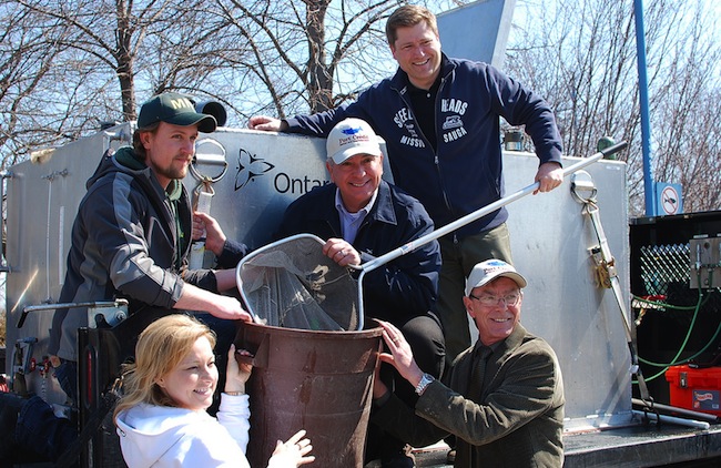 Officials pose for a photo while introducing Chinook Salmon into the Credit River, April 19, 2014.