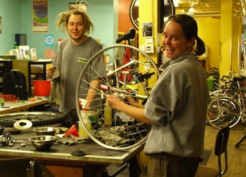 Sharing bike repair tools is part of the cycle at Recycle Cycles