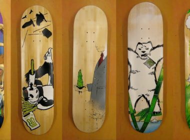 Skateboards designed by students in the Oasis Skateboard Factory.