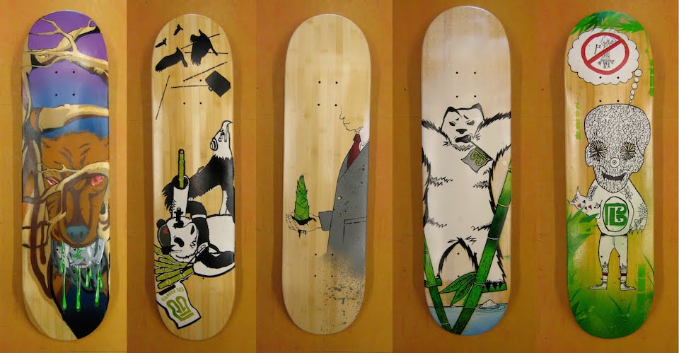 Skateboards designed by students in the Oasis Skateboard Factory.