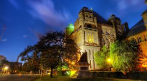 Queen's Park, ontario parliament building at night.