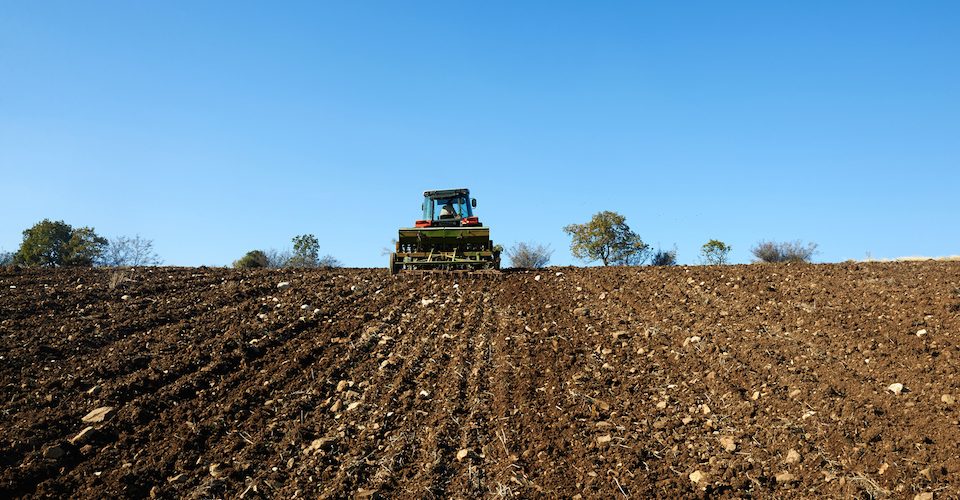 Tractor sowing seeds on a field.