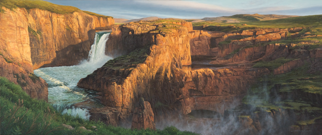 Sundown At Wilberforce, Cory Trépanier.  45in x 19in., oil on linen Wilberforce Falls, west of Bathurst Inlet on the Hood River, Nunavut