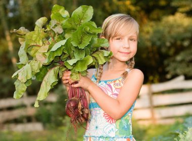 Young girl with root vegetables, learning how food is produced.