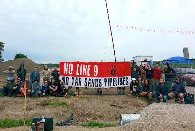 Occupiers at an Enbridge Line 9 construction site in Innerkip, Ontario.