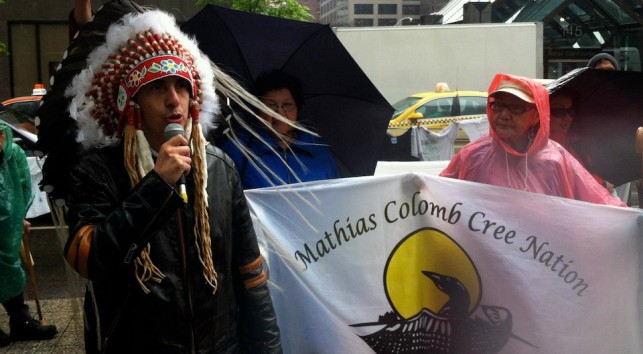 Chief Arlen Dumas of the Mathias Colomb Cree Nation speaks to a crowd gathered to confront Hudbay over its illegal operations on their territory and across Turtle Island. 