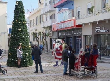 Santa and sleigh in a town square in Kos, Greece.