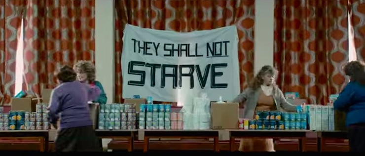 Screencapture from Pride with "They Shall Not Starve" banner.