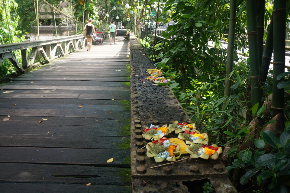 Offerings on a rusty bridge in Ubud, Bali