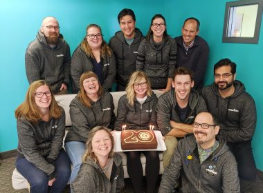 Camino staff with 20th birthday cake